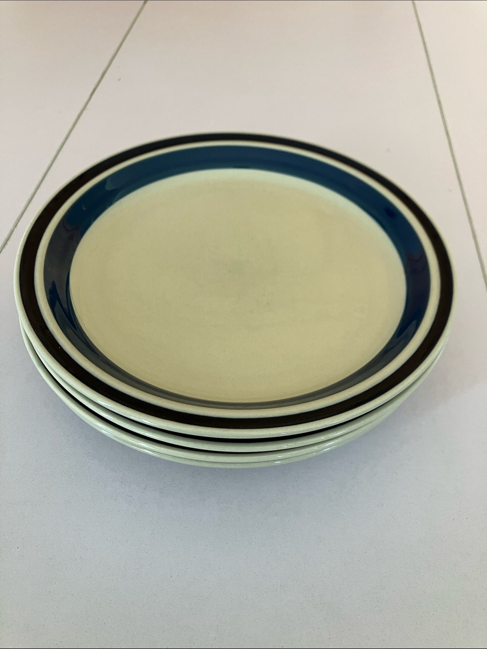 Vintage Stoneware Salad Plates with Blue Rims - Set of 4